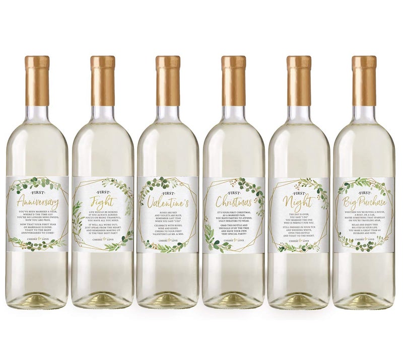 Printed Party Marriage Milestones, Greenery Wedding Firsts, 6 Wine Bottle Labels - Image 5